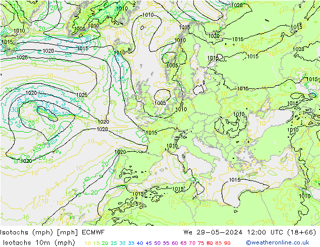 Isotachs (mph) ECMWF mer 29.05.2024 12 UTC