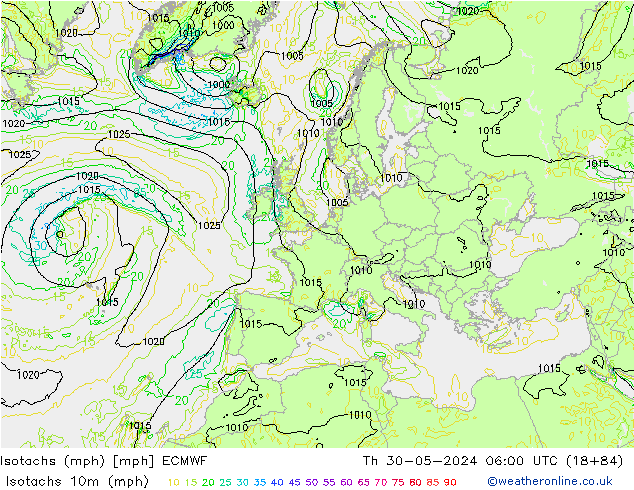 Isotachs (mph) ECMWF Čt 30.05.2024 06 UTC