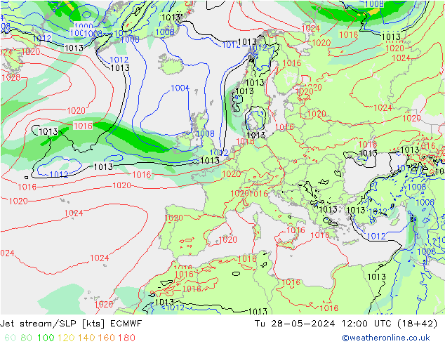 Jet stream/SLP ECMWF Tu 28.05.2024 12 UTC