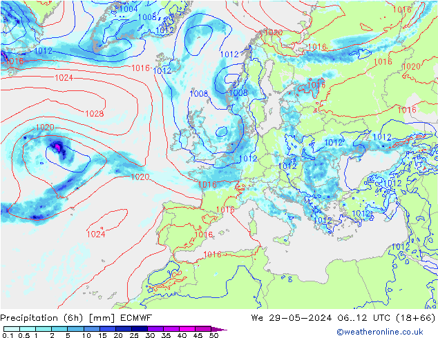 Z500/Yağmur (+YB)/Z850 ECMWF Çar 29.05.2024 12 UTC