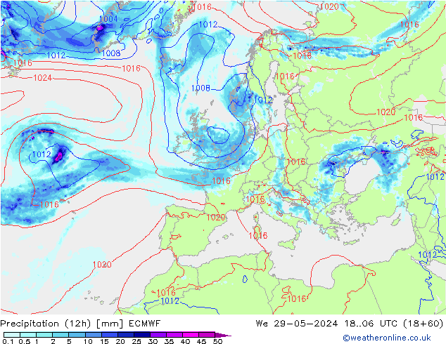 Precipitation (12h) ECMWF We 29.05.2024 06 UTC