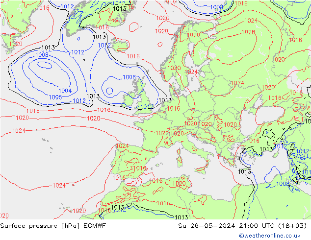 Atmosférický tlak ECMWF Ne 26.05.2024 21 UTC