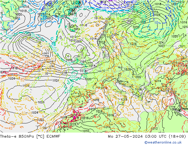 Theta-e 850hPa ECMWF Mo 27.05.2024 03 UTC