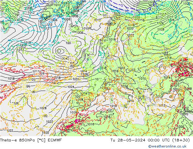 Theta-e 850hPa ECMWF Sa 28.05.2024 00 UTC