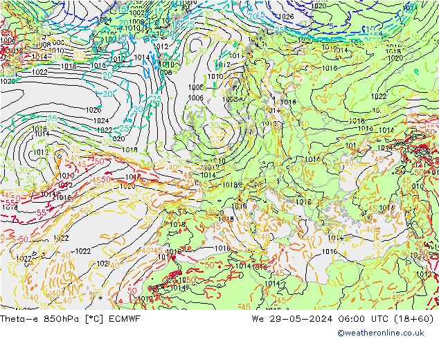 Theta-e 850hPa ECMWF Qua 29.05.2024 06 UTC