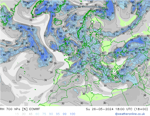 RH 700 гПа ECMWF Вс 26.05.2024 18 UTC