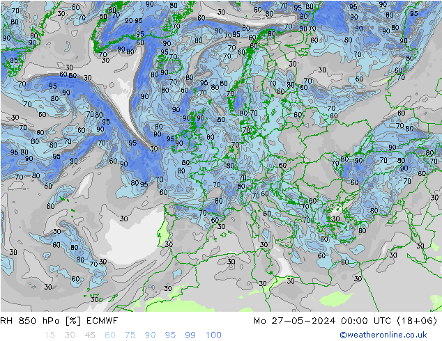 RH 850 hPa ECMWF lun 27.05.2024 00 UTC