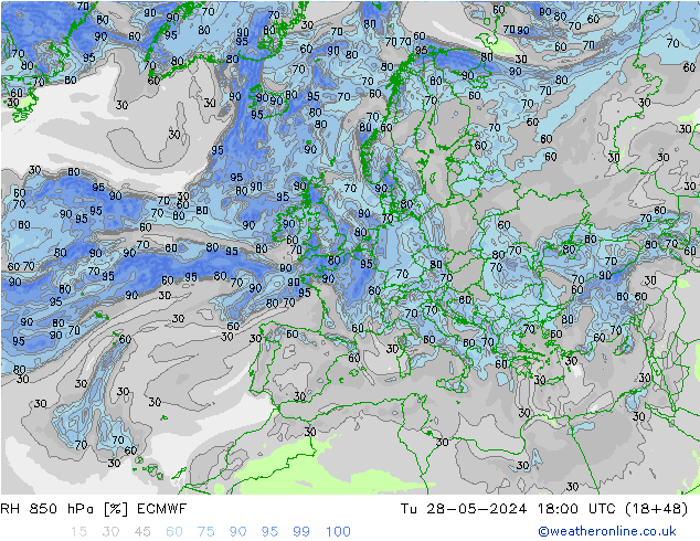 RH 850 hPa ECMWF Tu 28.05.2024 18 UTC