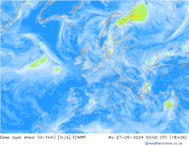 Deep layer shear (0-1km) ECMWF Mo 27.05.2024 00 UTC