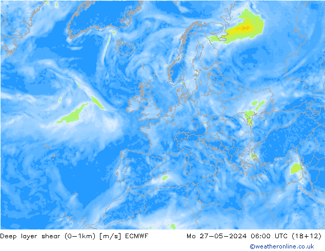 Deep layer shear (0-1km) ECMWF Mo 27.05.2024 06 UTC