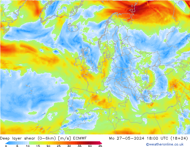 Deep layer shear (0-6km) ECMWF Seg 27.05.2024 18 UTC