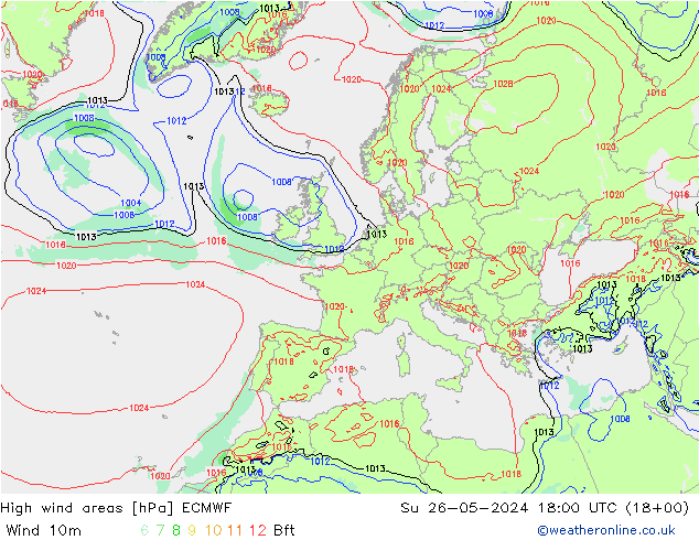 yüksek rüzgarlı alanlar ECMWF Paz 26.05.2024 18 UTC