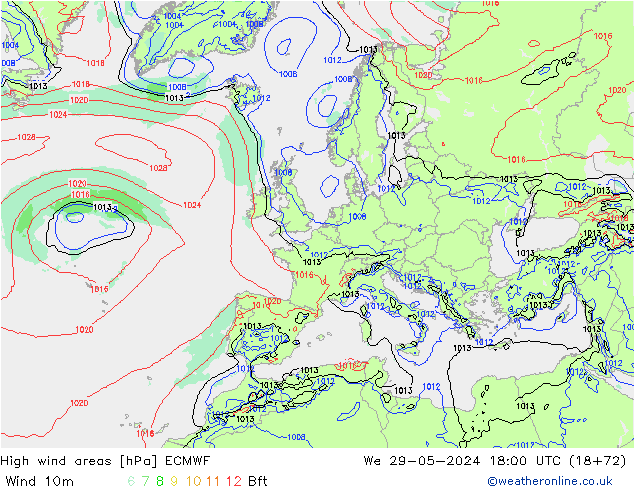 High wind areas ECMWF St 29.05.2024 18 UTC