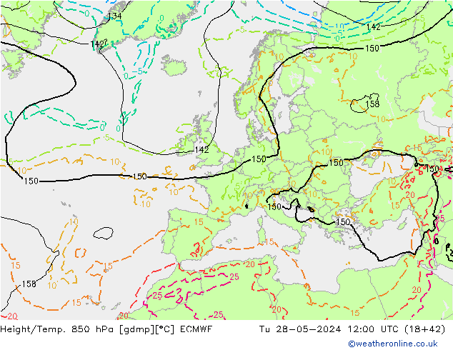 Height/Temp. 850 hPa ECMWF Út 28.05.2024 12 UTC