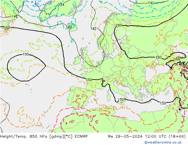 Géop./Temp. 850 hPa ECMWF mer 29.05.2024 12 UTC
