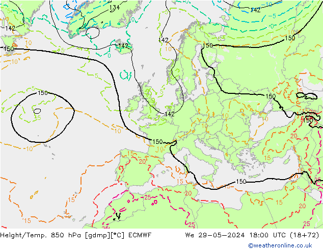 Z500/Rain (+SLP)/Z850 ECMWF Qua 29.05.2024 18 UTC