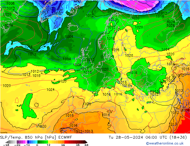 SLP/Temp. 850 hPa ECMWF mar 28.05.2024 06 UTC