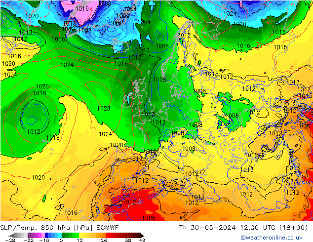 SLP/Temp. 850 hPa ECMWF  30.05.2024 12 UTC