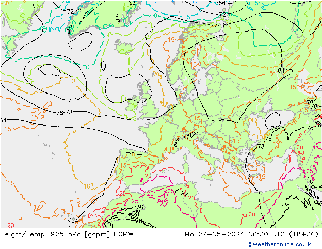 Height/Temp. 925 hPa ECMWF pon. 27.05.2024 00 UTC