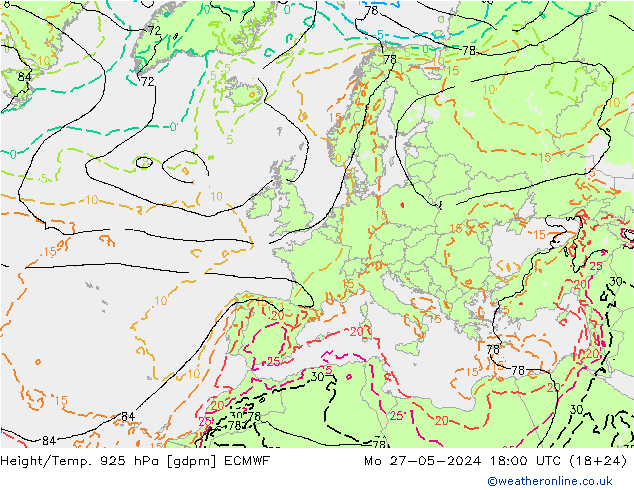 Yükseklik/Sıc. 925 hPa ECMWF Pzt 27.05.2024 18 UTC