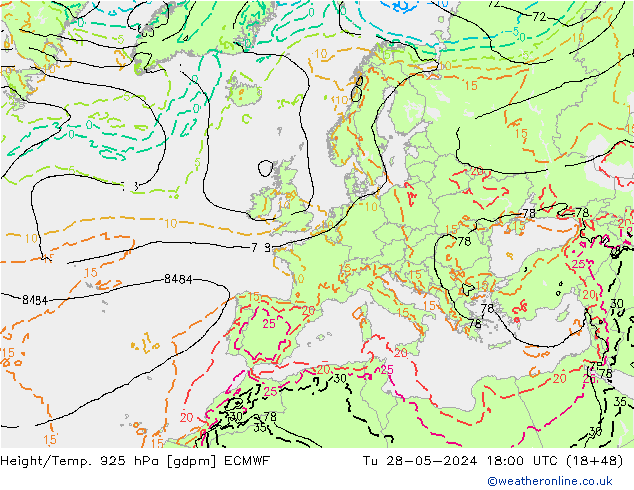 Height/Temp. 925 hPa ECMWF mar 28.05.2024 18 UTC