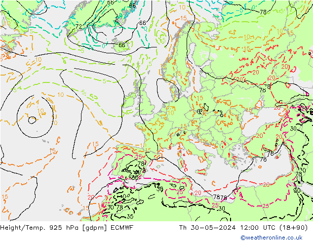 Height/Temp. 925 hPa ECMWF gio 30.05.2024 12 UTC