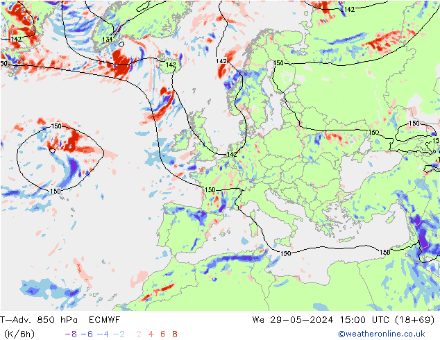 T-Adv. 850 hPa ECMWF mer 29.05.2024 15 UTC