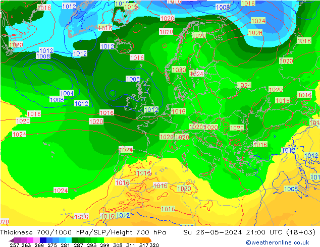 Thck 700-1000 hPa ECMWF Su 26.05.2024 21 UTC