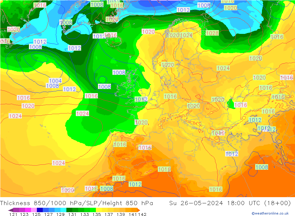 Thck 850-1000 hPa ECMWF Su 26.05.2024 18 UTC