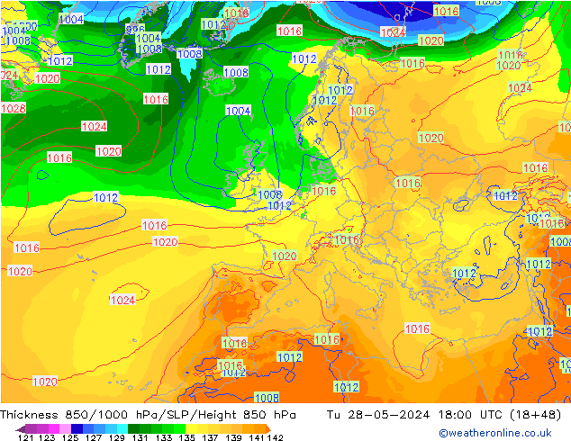 Thck 850-1000 hPa ECMWF Tu 28.05.2024 18 UTC