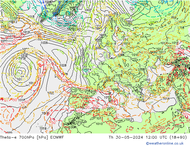 Theta-e 700hPa ECMWF do 30.05.2024 12 UTC