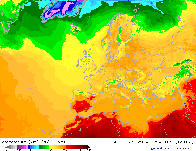 карта температуры ECMWF Вс 26.05.2024 18 UTC