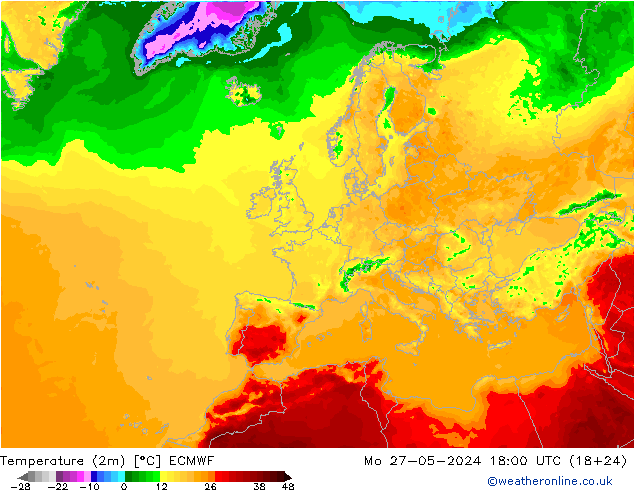 température (2m) ECMWF lun 27.05.2024 18 UTC