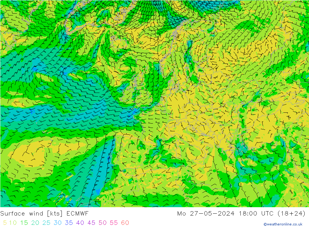 Surface wind ECMWF Mo 27.05.2024 18 UTC