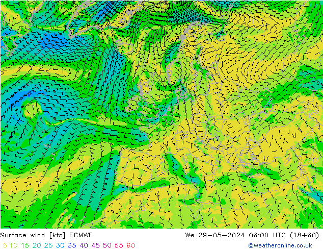 wiatr 10 m ECMWF śro. 29.05.2024 06 UTC