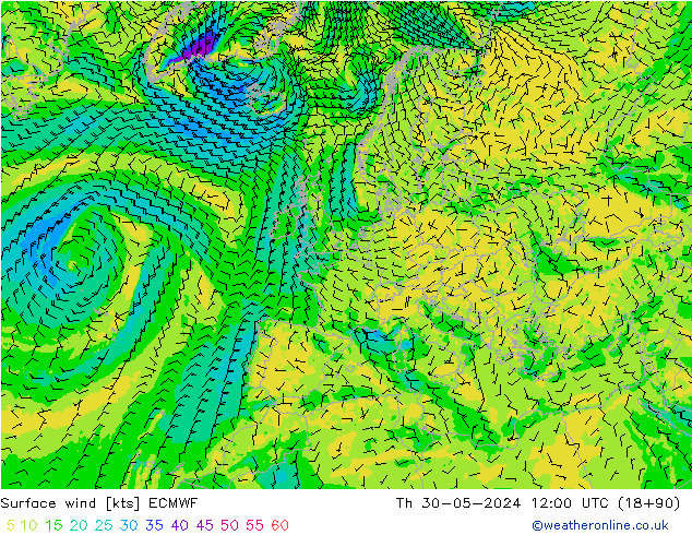 Wind 10 m ECMWF do 30.05.2024 12 UTC