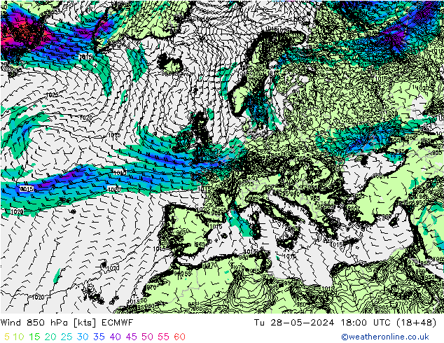 Wind 850 hPa ECMWF Tu 28.05.2024 18 UTC