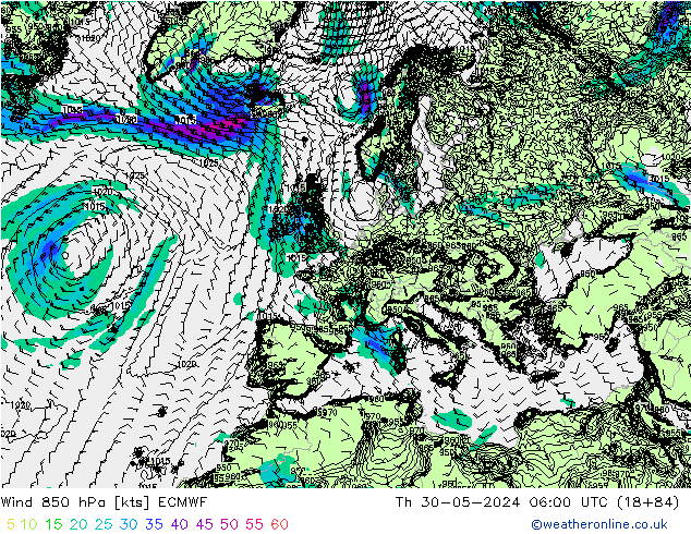 ветер 850 гПа ECMWF чт 30.05.2024 06 UTC