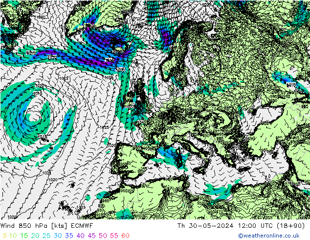 Wind 850 hPa ECMWF Čt 30.05.2024 12 UTC