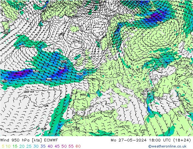 风 950 hPa ECMWF 星期一 27.05.2024 18 UTC