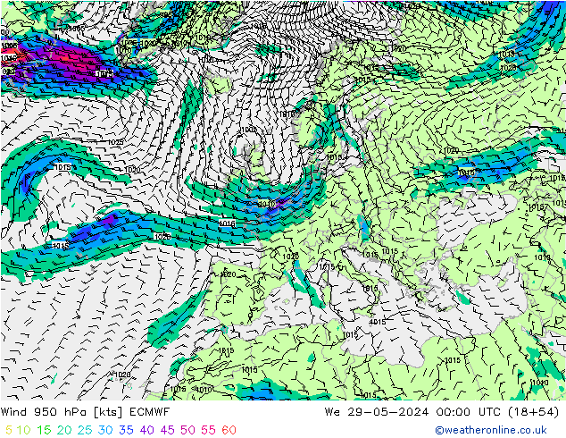 Wind 950 hPa ECMWF wo 29.05.2024 00 UTC