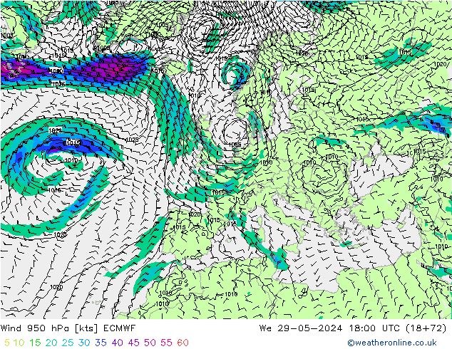 Wind 950 hPa ECMWF We 29.05.2024 18 UTC