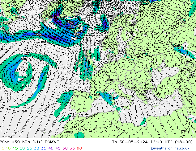 Wind 950 hPa ECMWF Th 30.05.2024 12 UTC