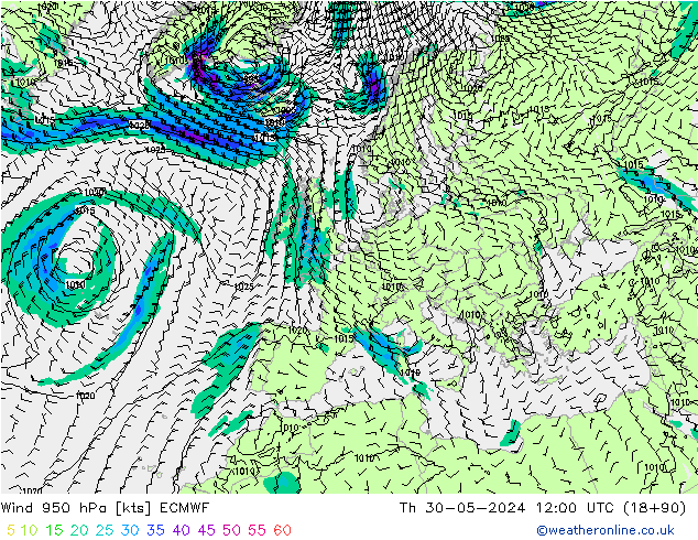 Wind 950 hPa ECMWF Do 30.05.2024 12 UTC