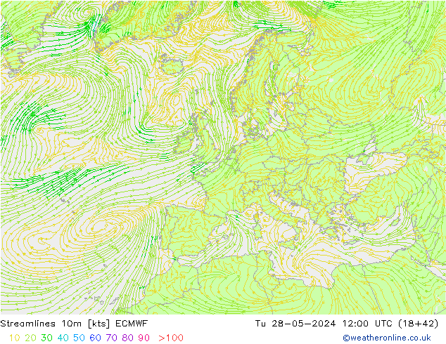 Streamlines 10m ECMWF Tu 28.05.2024 12 UTC