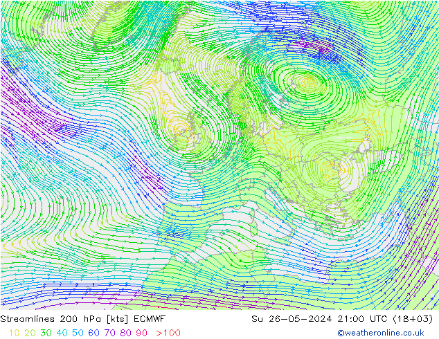 Linea di flusso 200 hPa ECMWF dom 26.05.2024 21 UTC