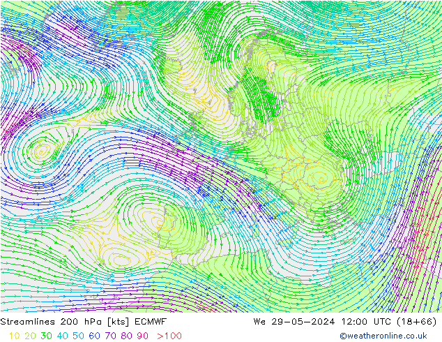 Streamlines 200 hPa ECMWF We 29.05.2024 12 UTC