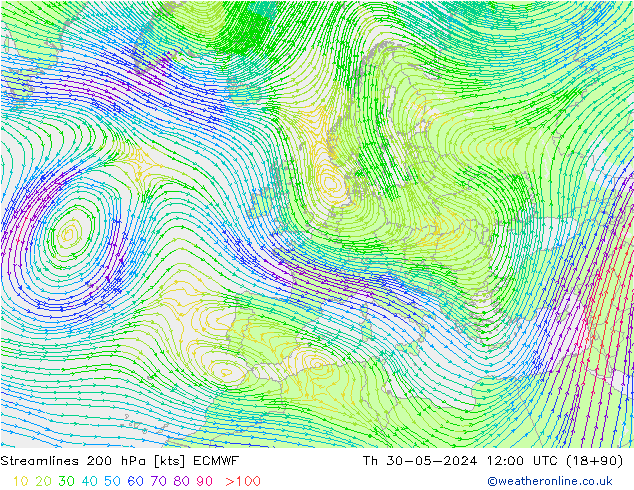 Línea de corriente 200 hPa ECMWF jue 30.05.2024 12 UTC