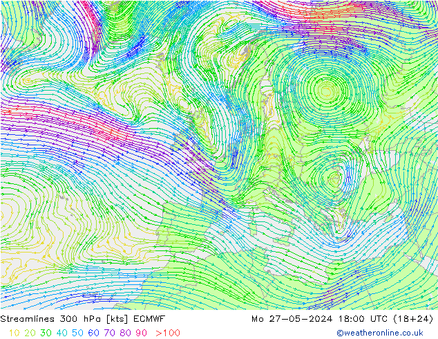 Linea di flusso 300 hPa ECMWF lun 27.05.2024 18 UTC