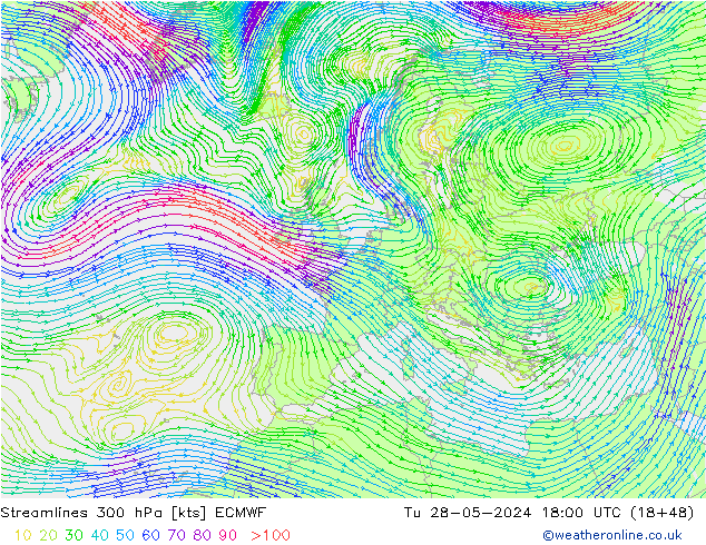 Linea di flusso 300 hPa ECMWF mar 28.05.2024 18 UTC